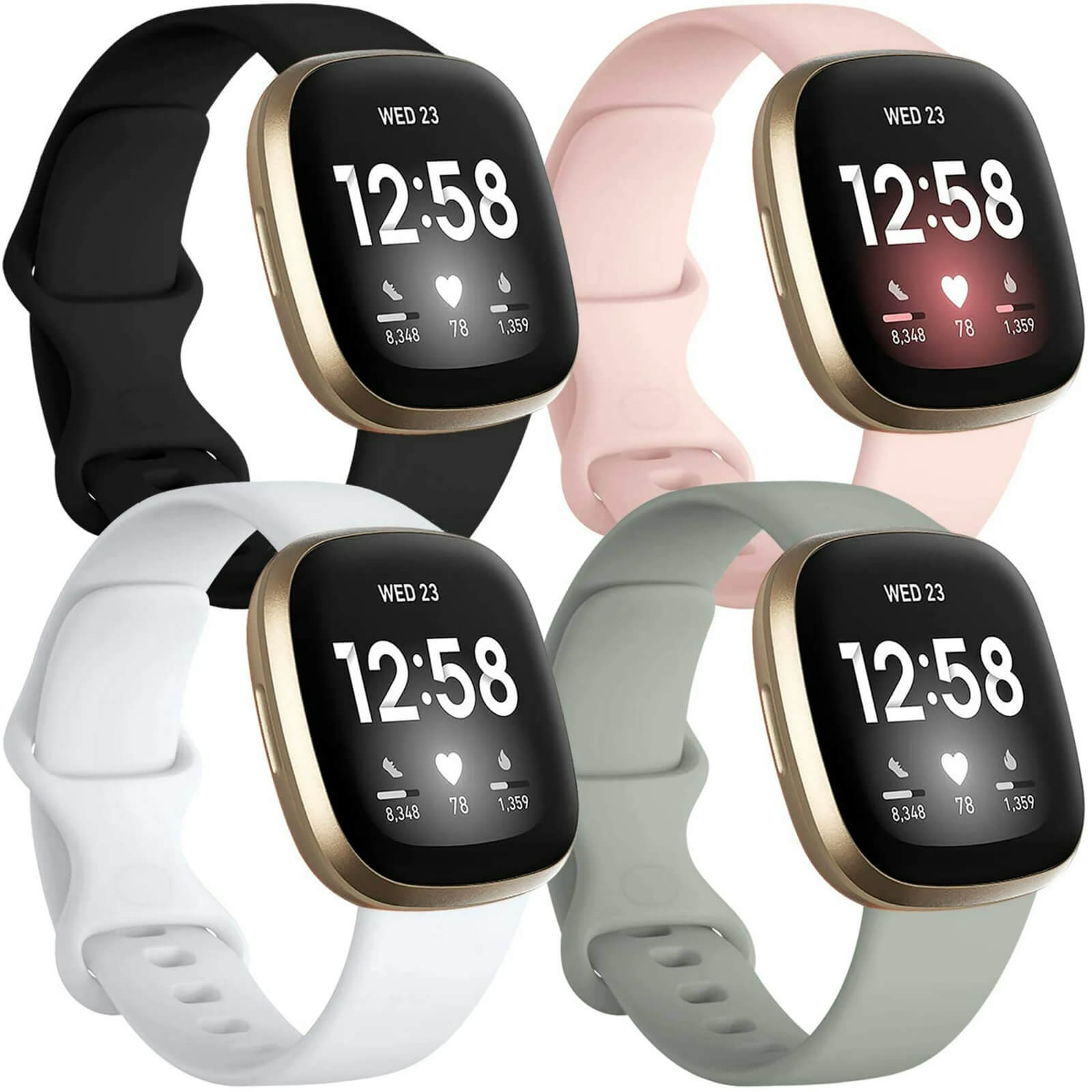 GEAK 4 Pack Silicone Sport Bands Compatible with Fitbit Versa 3/Versa 4/Sense/Sense 2 Bands for Women Men
