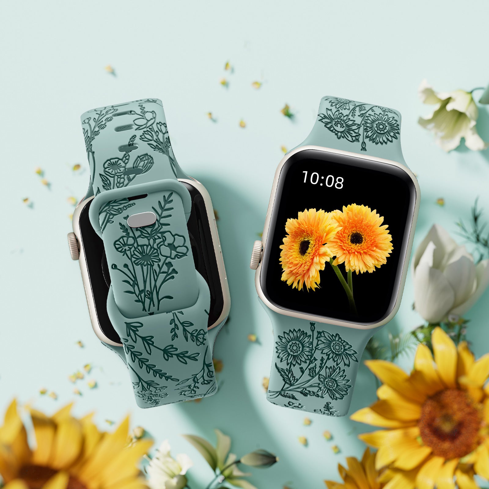 GEAK Compatible with Apple Watch Bands for Women 40mm 44mm 46mm 42mm 45mm 41mm 49mm 38mm Sunflower Engraved Silicone Bands Straps for iWatch Ultra 3 2 SE 3 2nd Generation Series 11 10 9 8 7 6 5 4 3