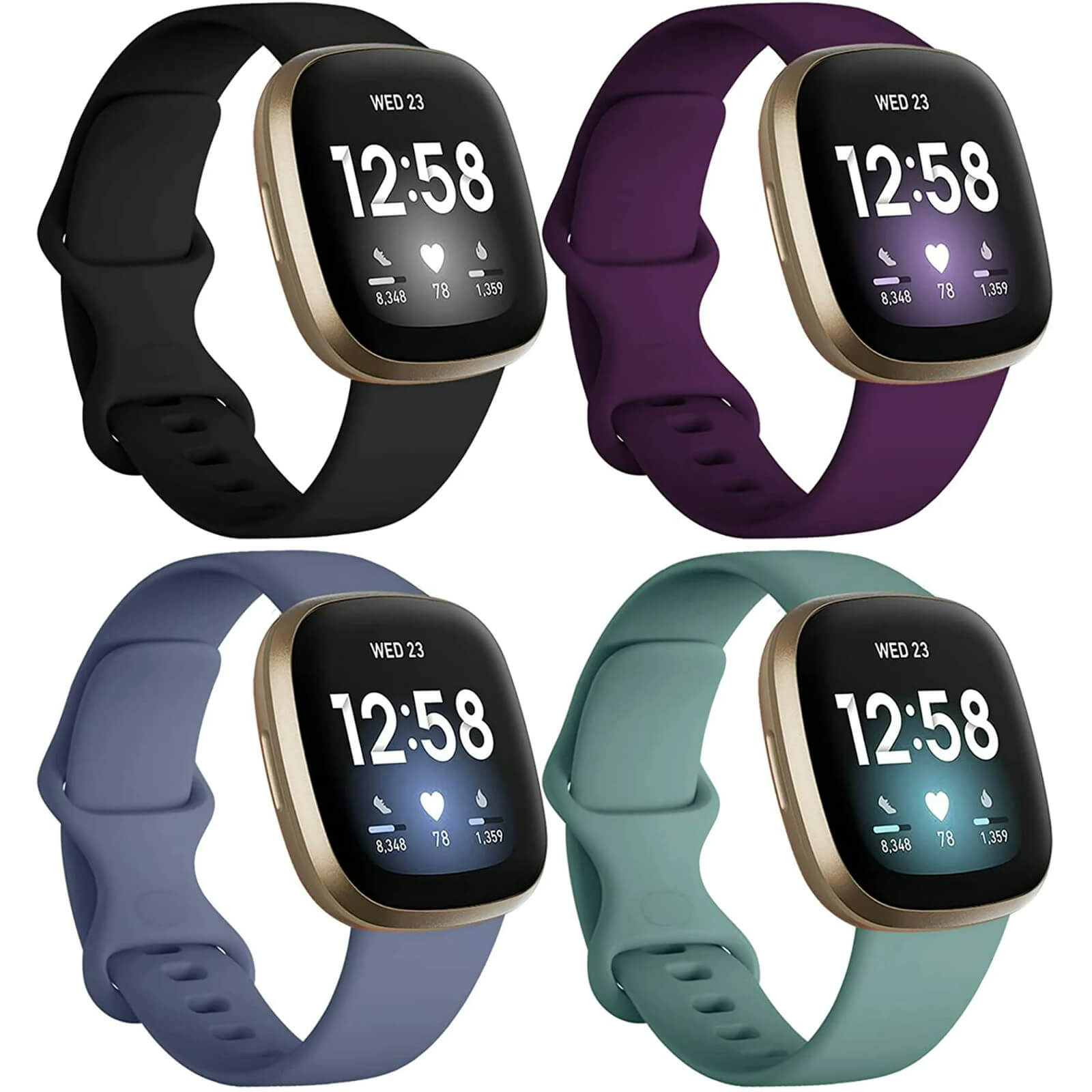 GEAK 4 Pack Silicone Sport Bands Compatible with Fitbit Versa 3/Versa 4/Sense/Sense 2 Bands for Women Men