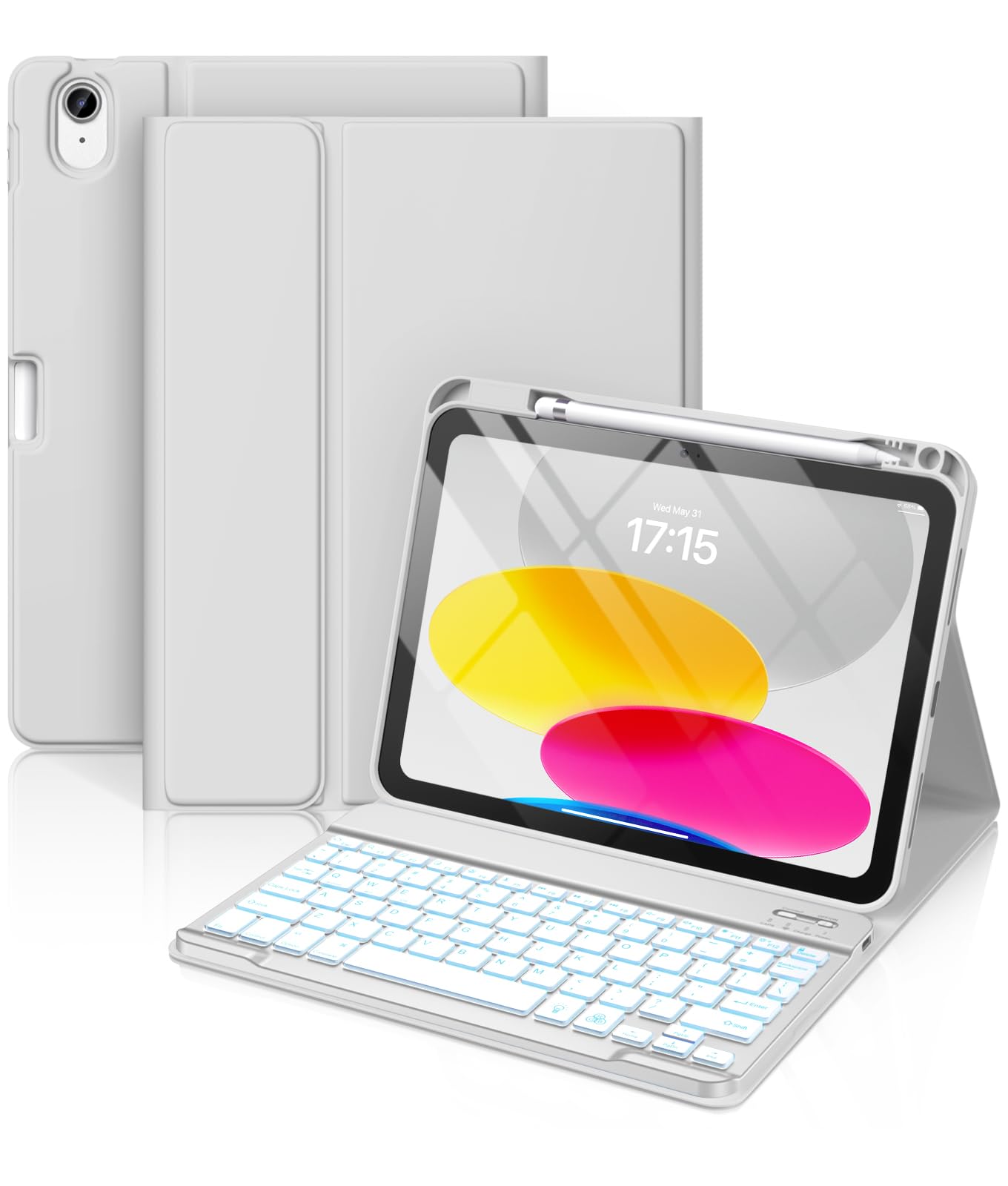 for iPad A16 11th 10th Generation Case with Keyboard, 7 Colors Backlit Detachable Folio Keyboard Cover with Pencil Holder for iPad 10th Gen 10.9 Inch/11th Gen 11 Inch
