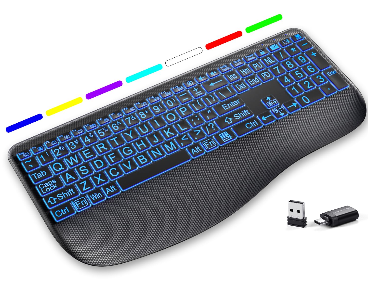 GEAK Large Print Wireless Keyboard with 7-Color RGB Backlit, Ergonomic Keyboard Wrist Rest for Computer Keyboards, Full Size Rechargeable Silent Keyboard with Light Up Keys for Laptop Mac Windows