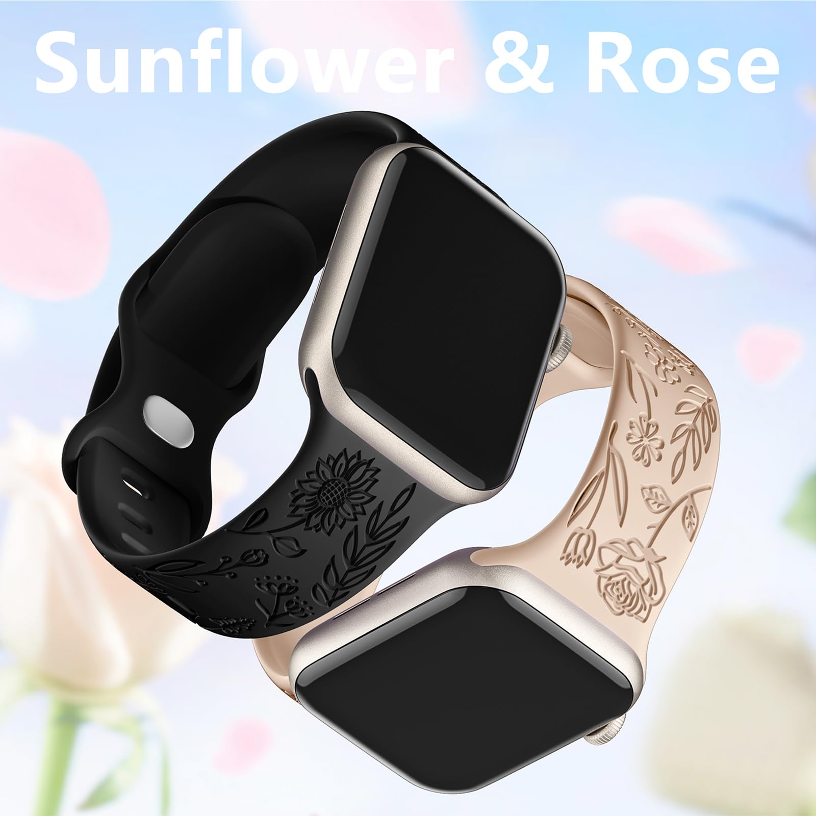GEAK Compatible with Apple Watch Bands for Women 40mm 44mm 46mm 42mm 45mm 41mm 49mm 38mm Floral Engraved Silicone Bands Straps for iWatch Ultra 3 2 SE 3 2nd Generation Series 11 10 9 8 7 6 5 4 3 2 1