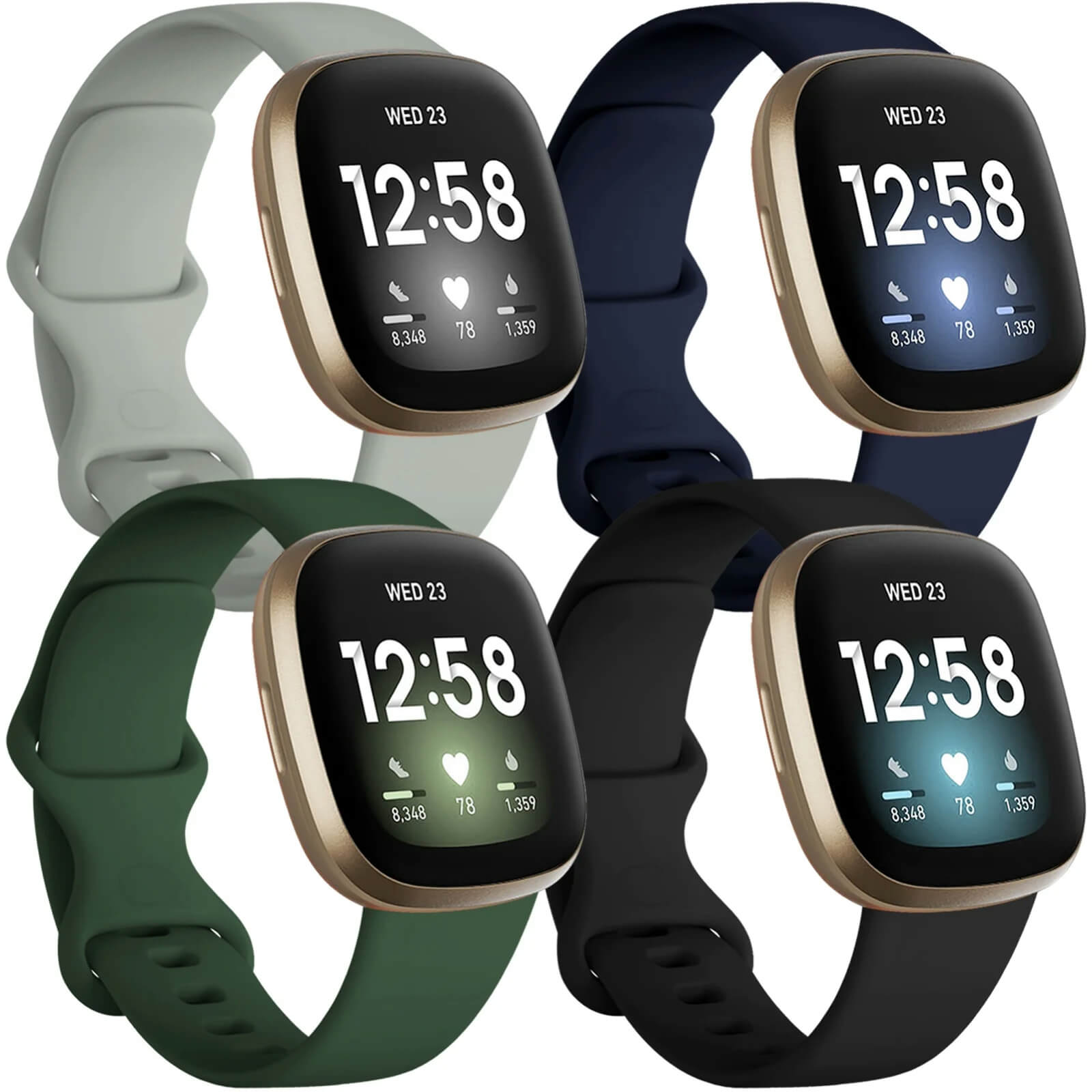 GEAK 4 Pack Silicone Sport Bands Compatible with Fitbit Versa 3/Versa 4/Sense/Sense 2 Bands for Women Men