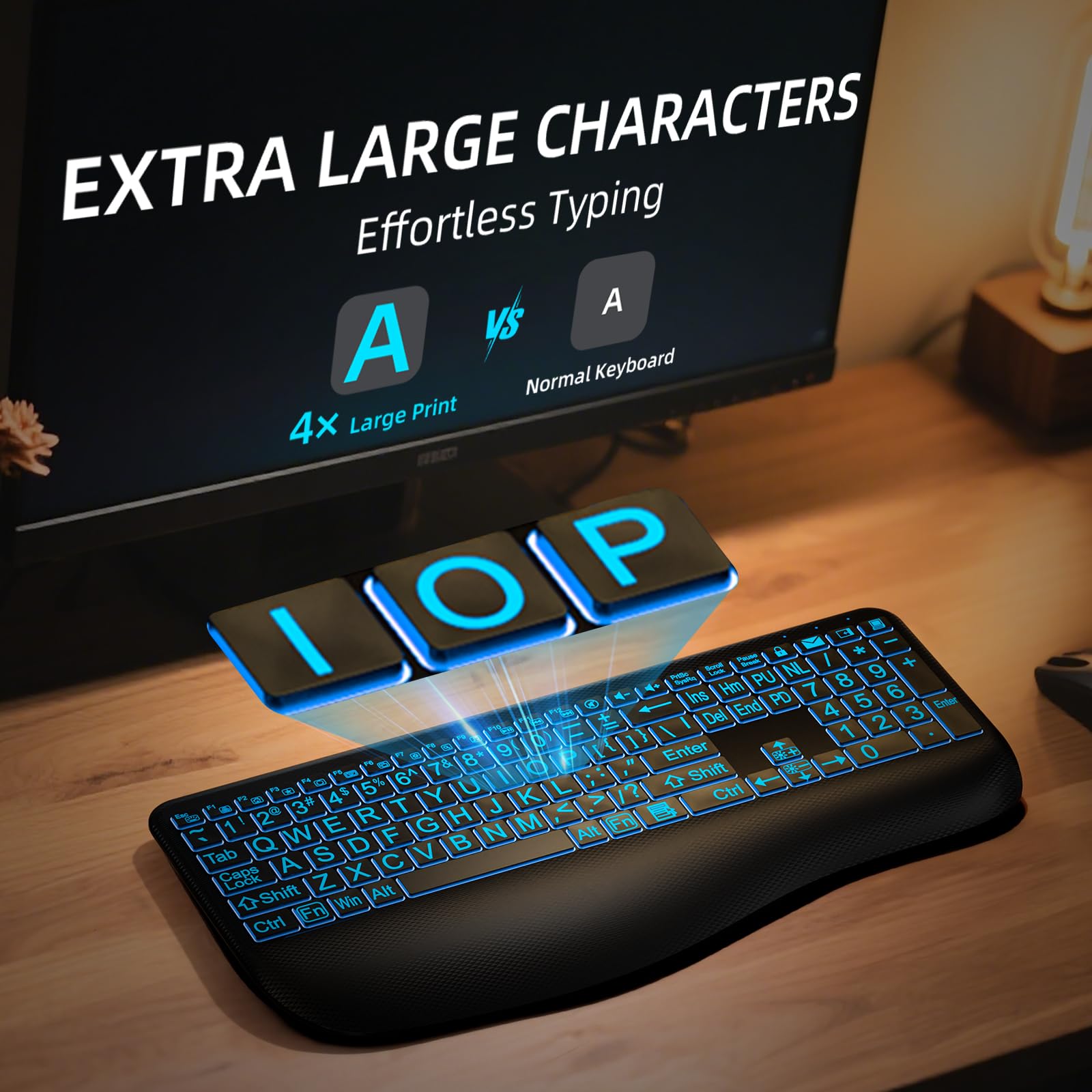 GEAK Large Print Wireless Keyboard with 7-Color RGB Backlit, Ergonomic Keyboard Wrist Rest for Computer Keyboards, Full Size Rechargeable Silent Keyboard with Light Up Keys for Laptop Mac Windows