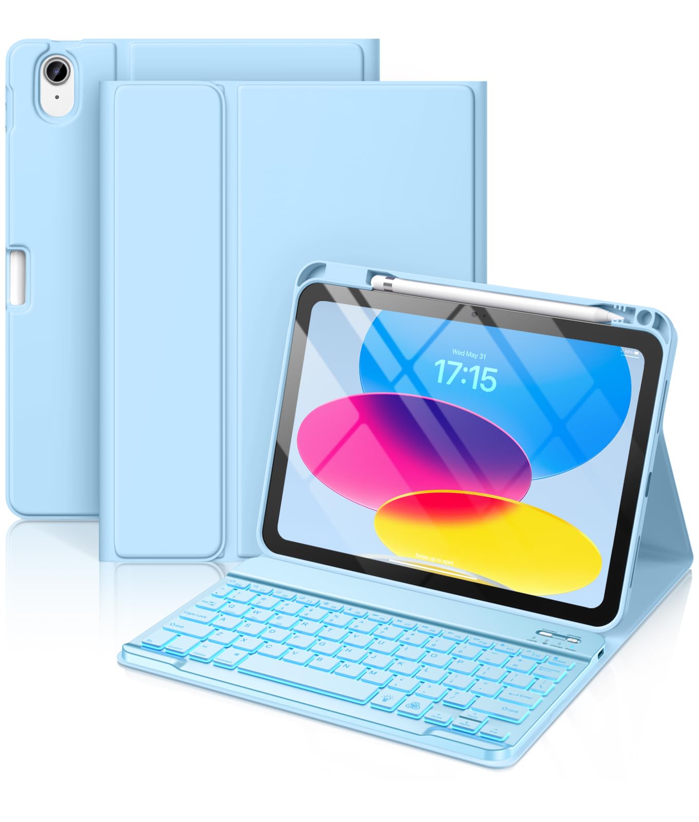 for iPad A16 11th 10th Generation Case with Keyboard, 7 Colors Backlit Detachable Folio Keyboard Cover with Pencil Holder for iPad 10th Gen 10.9 Inch/11th Gen 11 Inch