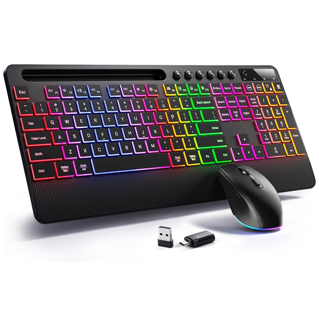 Wireless Keyboard and Mouse Combo Ergonomic Keyboard Wrist Rest Support for Computer Keyboard Full Size Quiet/Silent RGB Backlit Light Up Keyboard with Phone Holder for Windows Mac PC Laptop