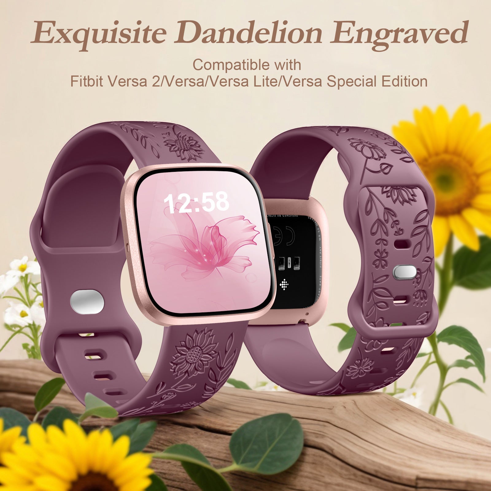 GEAK Compatible with Fitbit Versa 2 Bands for Women Sunflower Engraved Silicone Bands for Fitbit Versa/Versa SE