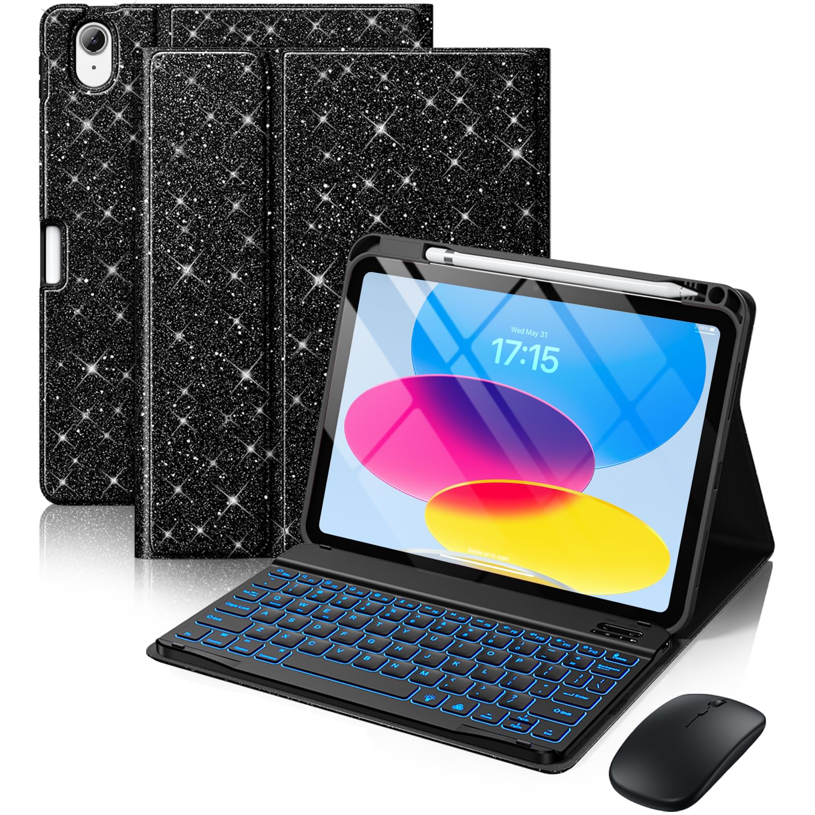 GEAK for iPad A16 11th 10th Generation Case with Keyboard & Mouse, Backlit Wireless Detachable Keyboard Glitter Folio Cover with Pencil Holder for iPad 11th Gen (A16) 11 inch & 10th Gen 10.9 inch