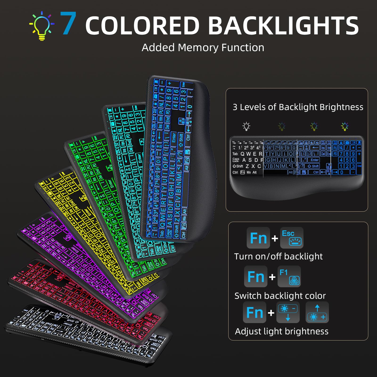 GEAK Large Print Wireless Keyboard with 7-Color RGB Backlit, Ergonomic Keyboard Wrist Rest for Computer Keyboards, Full Size Rechargeable Silent Keyboard with Light Up Keys for Laptop Mac Windows