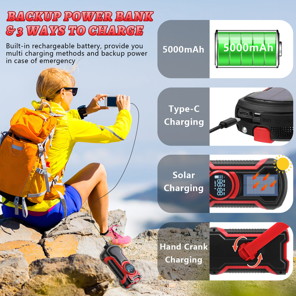 GEAK Solar Hand Crank Emergency Radio Portable AM FM NOAA Weather Radio with Power Bank, SOS Alarm, Bluetooth Speaker, Flashlight for Indoor Outdoor Camping Emergency Supplies