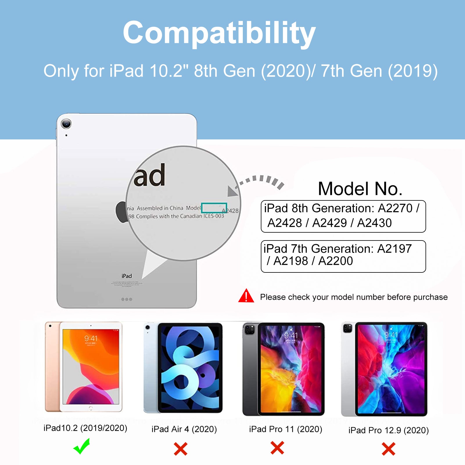GEAK Compatible With iPad 9th /8th /7th Generation Case with Pencil Holder, 10.2inch Shockproof Cover with Trifold Stand