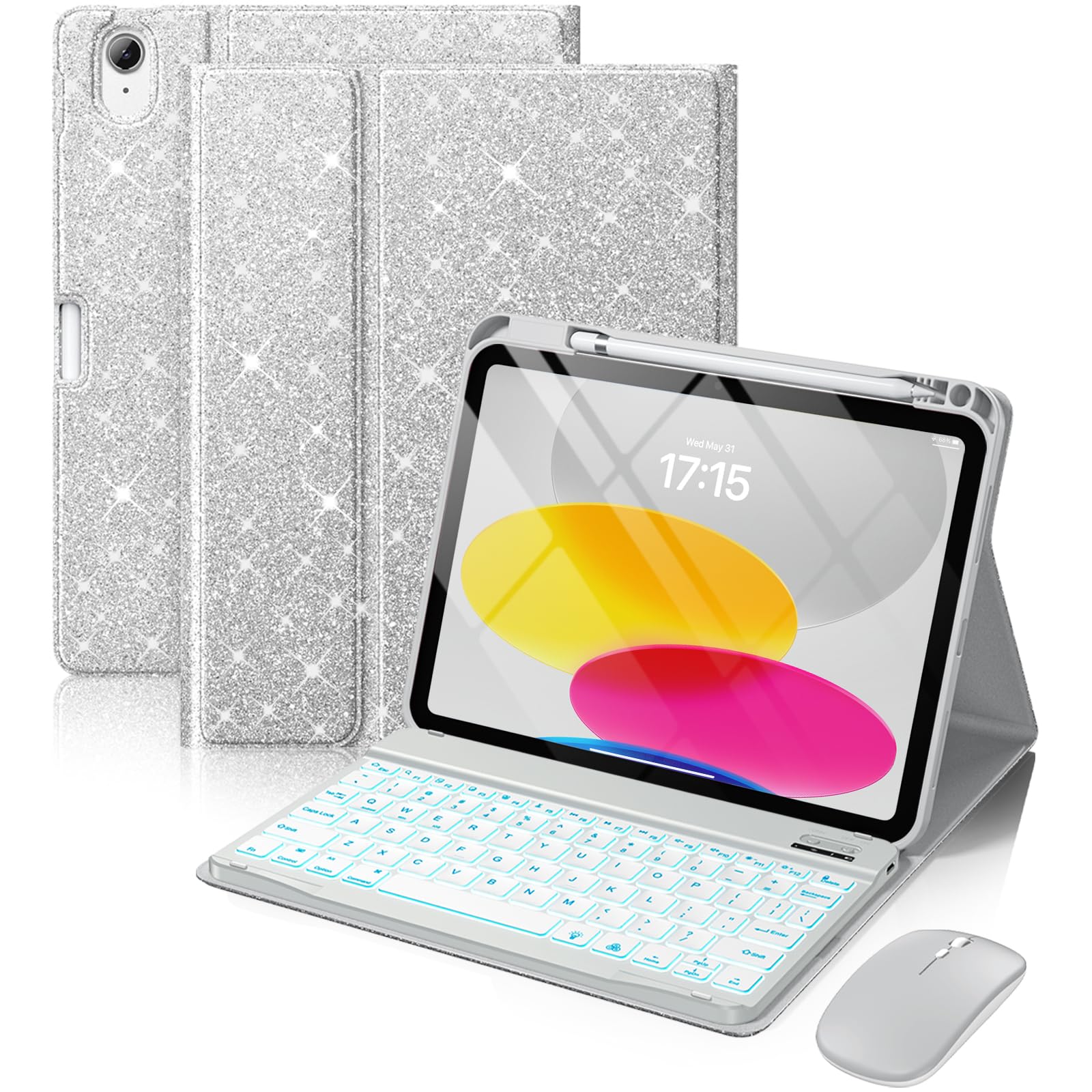 GEAK for iPad A16 11th 10th Generation Case with Keyboard & Mouse, Backlit Wireless Detachable Keyboard Glitter Folio Cover with Pencil Holder for iPad 11th Gen (A16) 11 inch & 10th Gen 10.9 inch