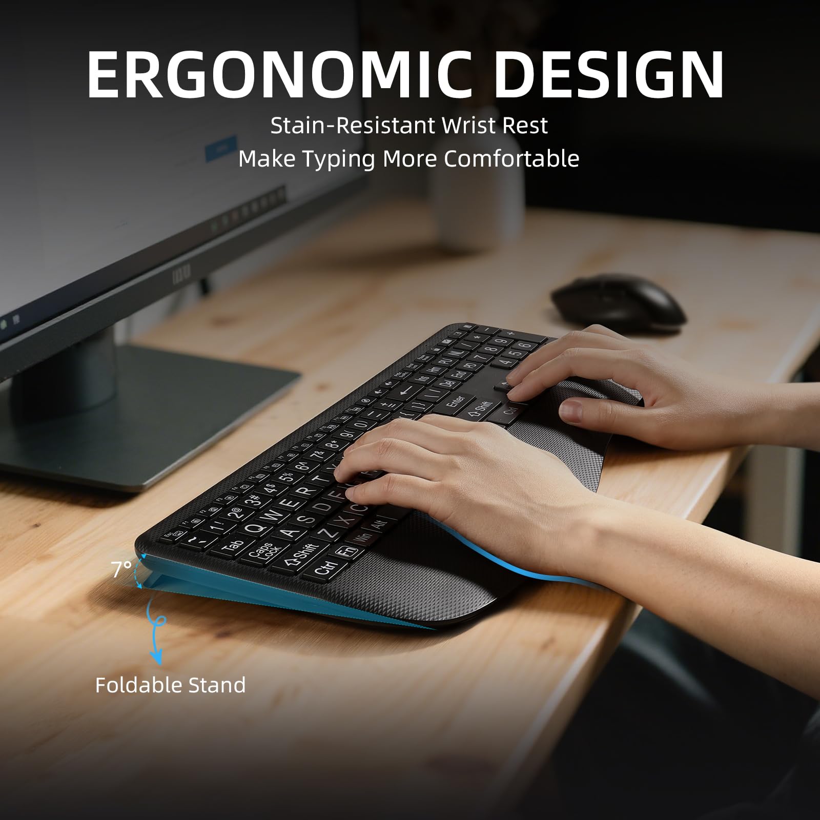 GEAK Large Print Wireless Keyboard with 7-Color RGB Backlit, Ergonomic Keyboard Wrist Rest for Computer Keyboards, Full Size Rechargeable Silent Keyboard with Light Up Keys for Laptop Mac Windows