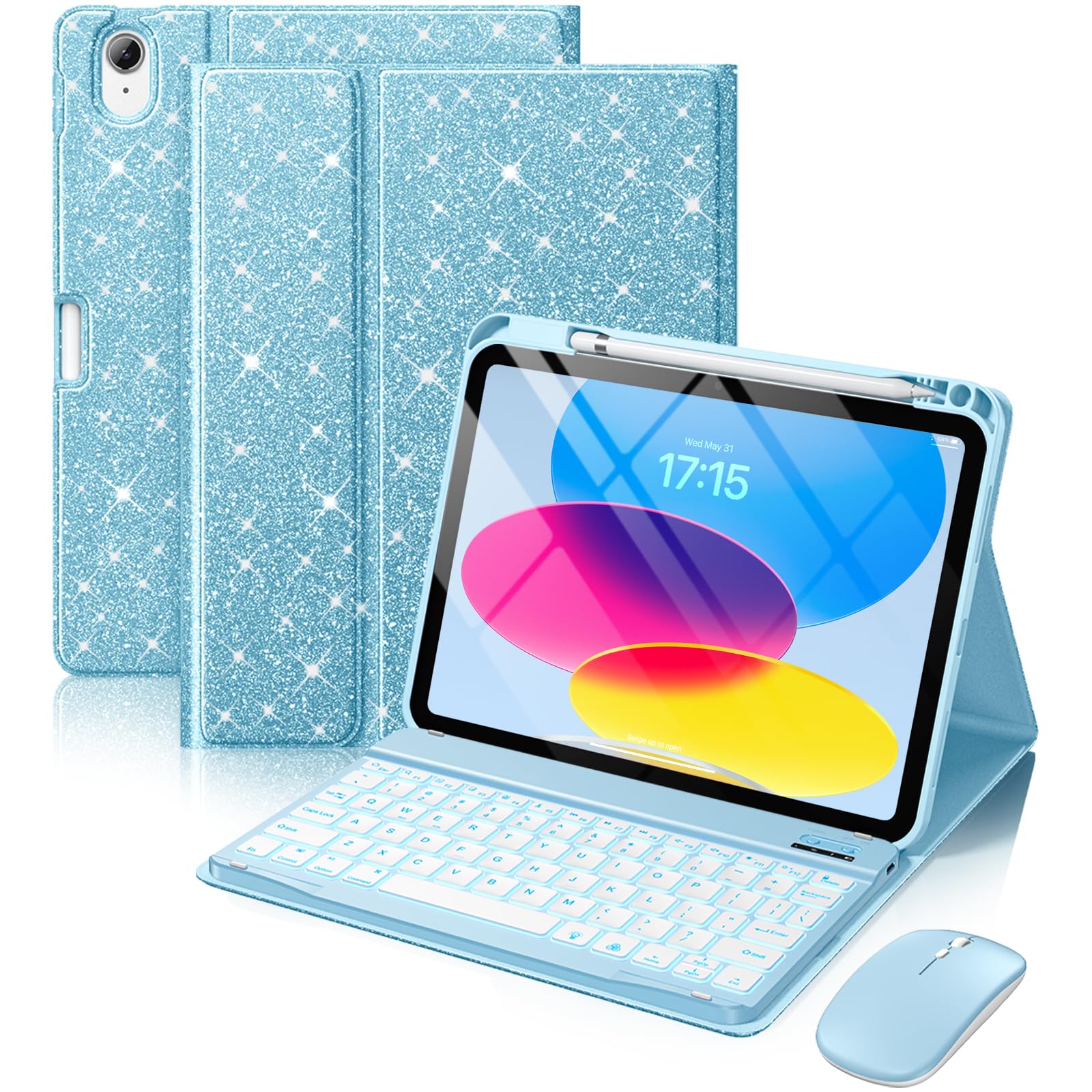 GEAK for iPad A16 11th 10th Generation Case with Keyboard & Mouse, Backlit Wireless Detachable Keyboard Glitter Folio Cover with Pencil Holder for iPad 11th Gen (A16) 11 inch & 10th Gen 10.9 inch