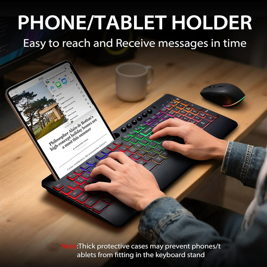 Wireless Keyboard and Mouse Combo Ergonomic Keyboard Wrist Rest Support for Computer Keyboard Full Size Quiet/Silent RGB Backlit Light Up Keyboard with Phone Holder for Windows Mac PC Laptop