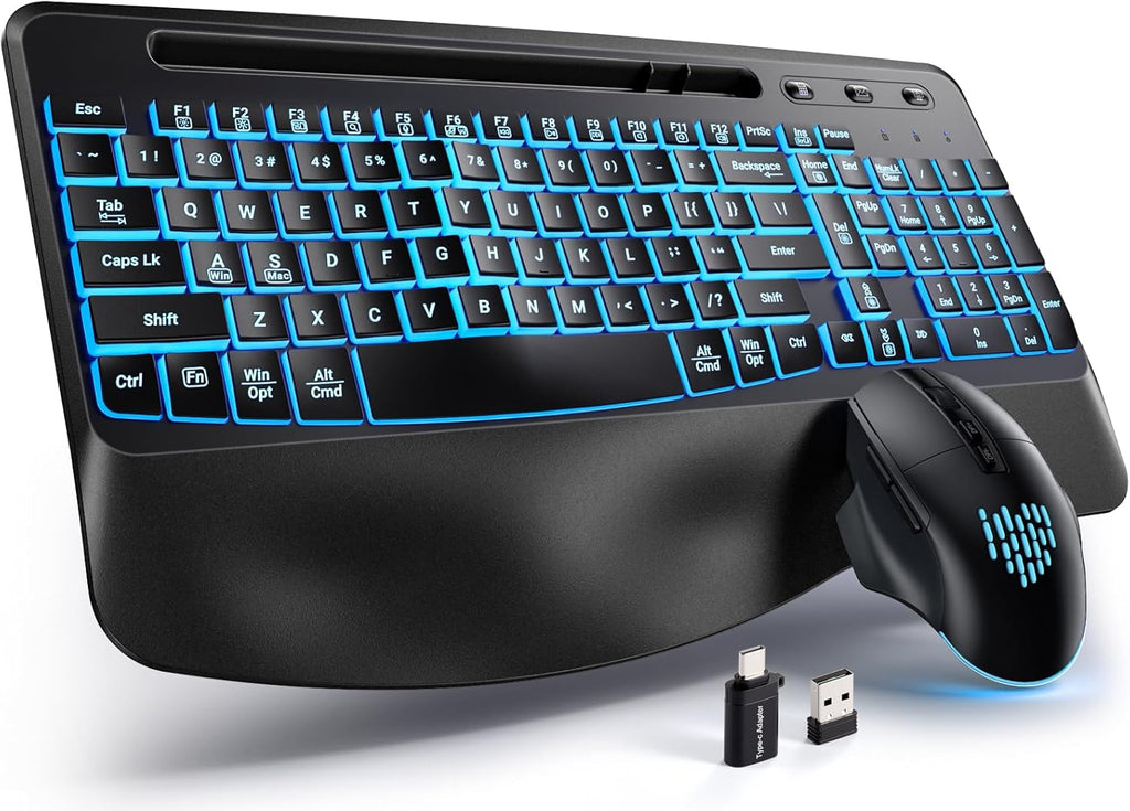 GEAK Wireless Keyboard and Mouse Comb, 2.4G Full Size Ergonomic Wave Keyboards with Wrist Rest, Quiet Backlit Mice, With Phone Holder, for Computer Tablet, Black