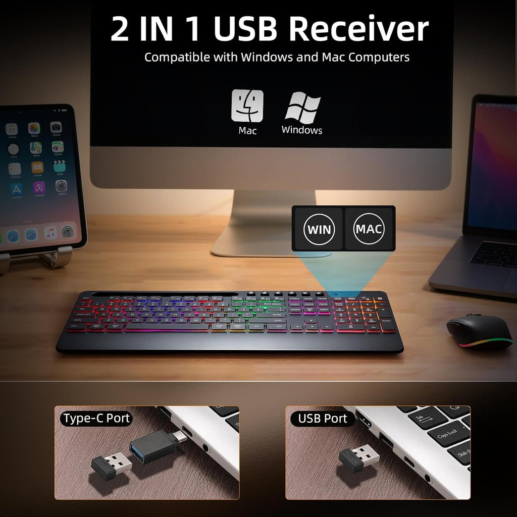 Wireless Keyboard and Mouse Combo Ergonomic Keyboard Wrist Rest Support for Computer Keyboard Full Size Quiet/Silent RGB Backlit Light Up Keyboard with Phone Holder for Windows Mac PC Laptop