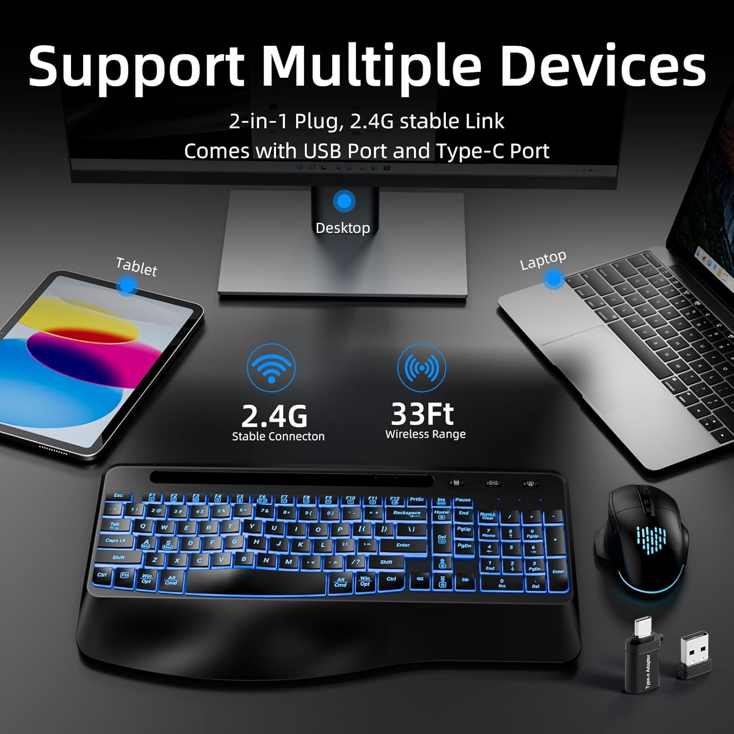 GEAK Wireless Keyboard and Mouse Comb, 2.4G Full Size Ergonomic Wave Keyboards with Wrist Rest, Quiet Backlit Mice, With Phone Holder, for Computer Tablet, Black