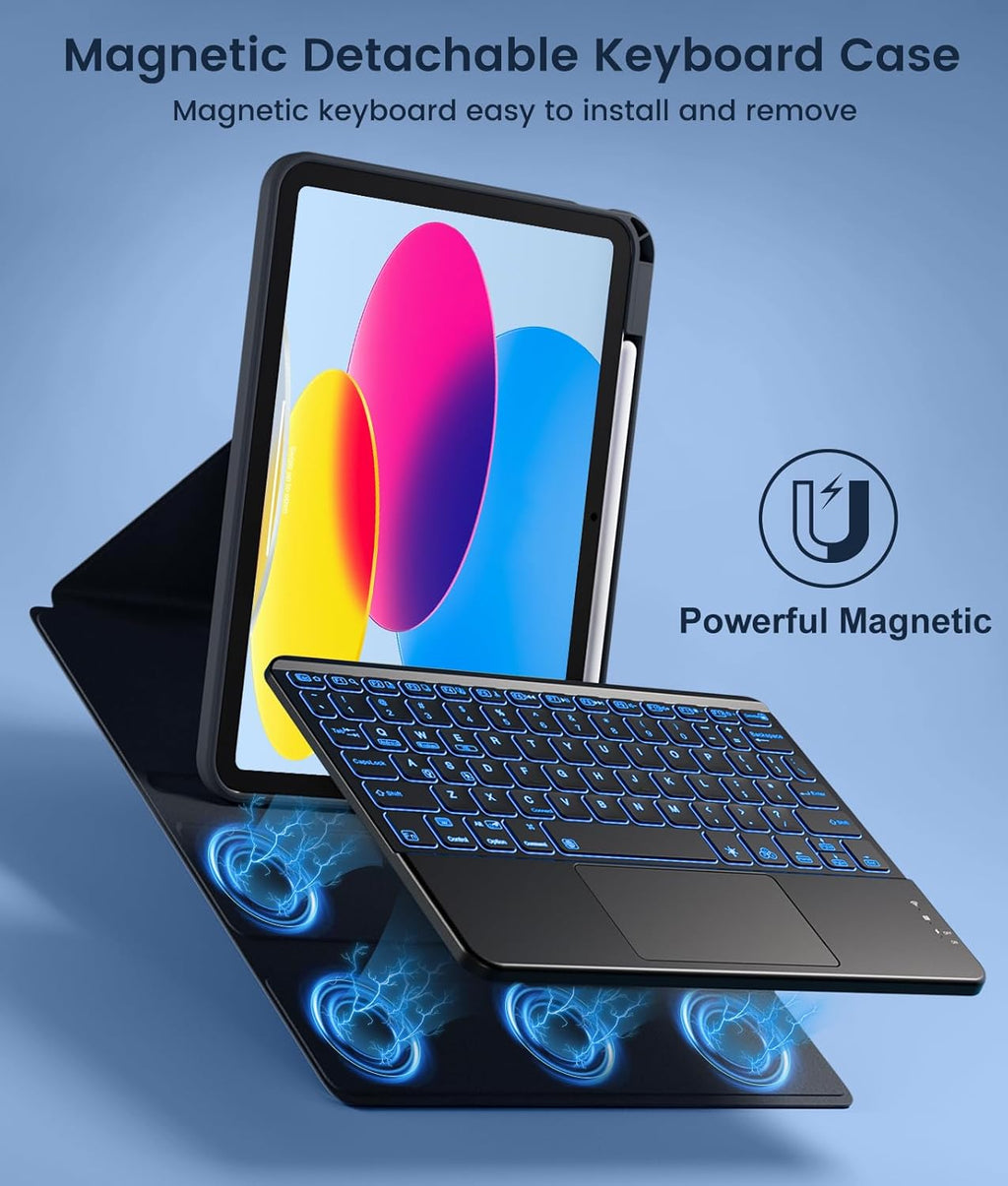 GEAK Compatible With iPad A16 11th 10th Generation Case with Keyboard, 360 Rotation Detachable Case with 7 Colors Backlit Keyboard for iPad A16/10th Gen, with Multi-Touch Trackpad