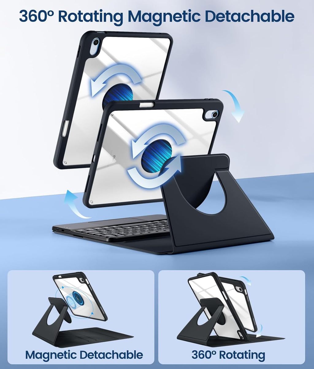 GEAK Compatible With iPad A16 11th 10th Generation Case with Keyboard, 360 Rotation Detachable Case with 7 Colors Backlit Keyboard for iPad A16/10th Gen, with Multi-Touch Trackpad