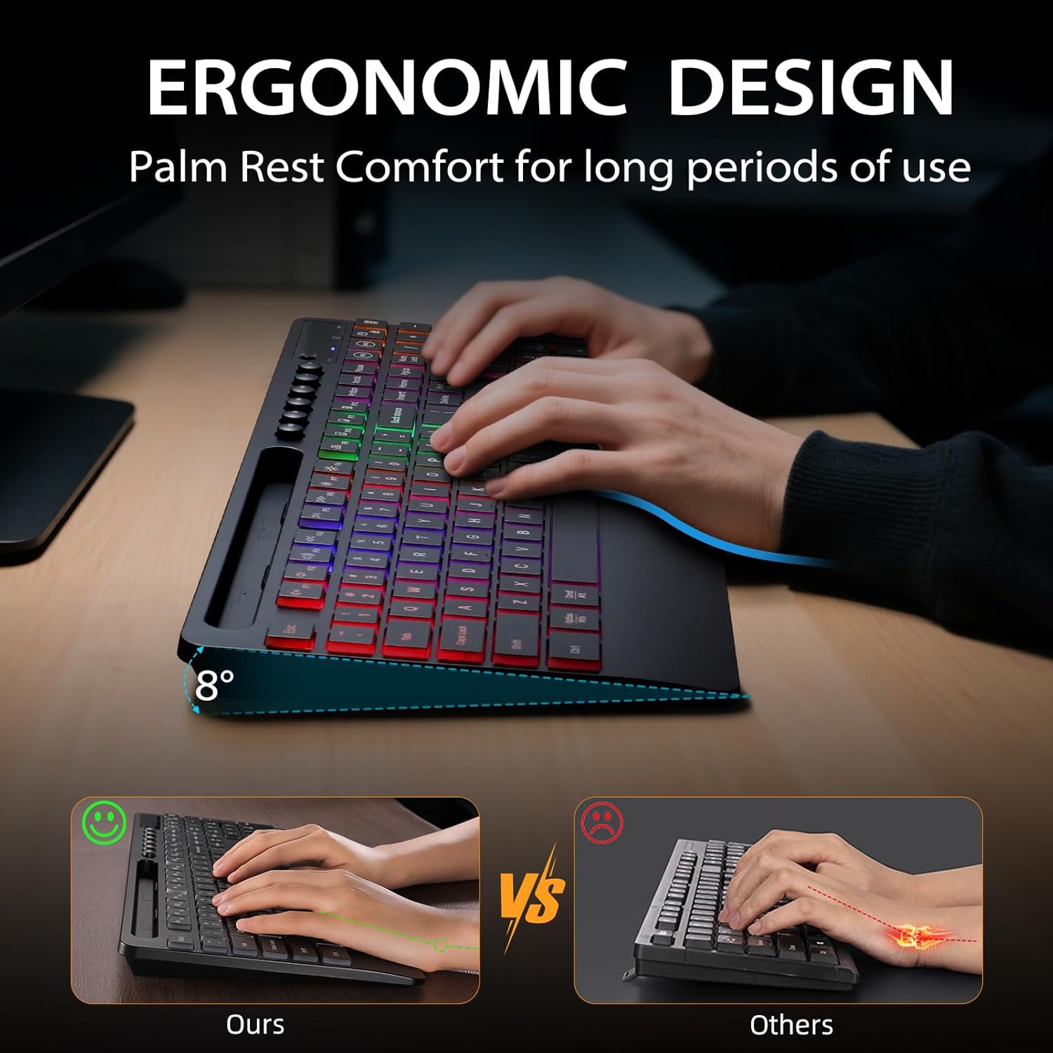 Wireless Keyboard and Mouse Combo Ergonomic Keyboard Wrist Rest Support for Computer Keyboard Full Size Quiet/Silent RGB Backlit Light Up Keyboard with Phone Holder for Windows Mac PC Laptop