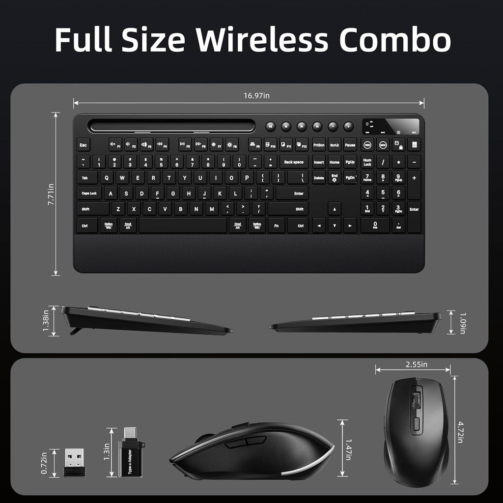 Wireless Keyboard and Mouse Combo Ergonomic Keyboard Wrist Rest Support for Computer Keyboard Full Size Quiet/Silent RGB Backlit Light Up Keyboard with Phone Holder for Windows Mac PC Laptop