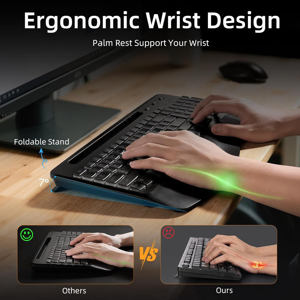 GEAK Wireless Keyboard and Mouse Comb, 2.4G Full Size Ergonomic Wave Keyboards with Wrist Rest, Quiet Backlit Mice, With Phone Holder, for Computer Tablet, Black