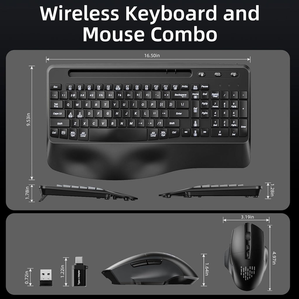 GEAK Wireless Keyboard and Mouse Comb, 2.4G Full Size Ergonomic Wave Keyboards with Wrist Rest, Quiet Backlit Mice, With Phone Holder, for Computer Tablet, Black