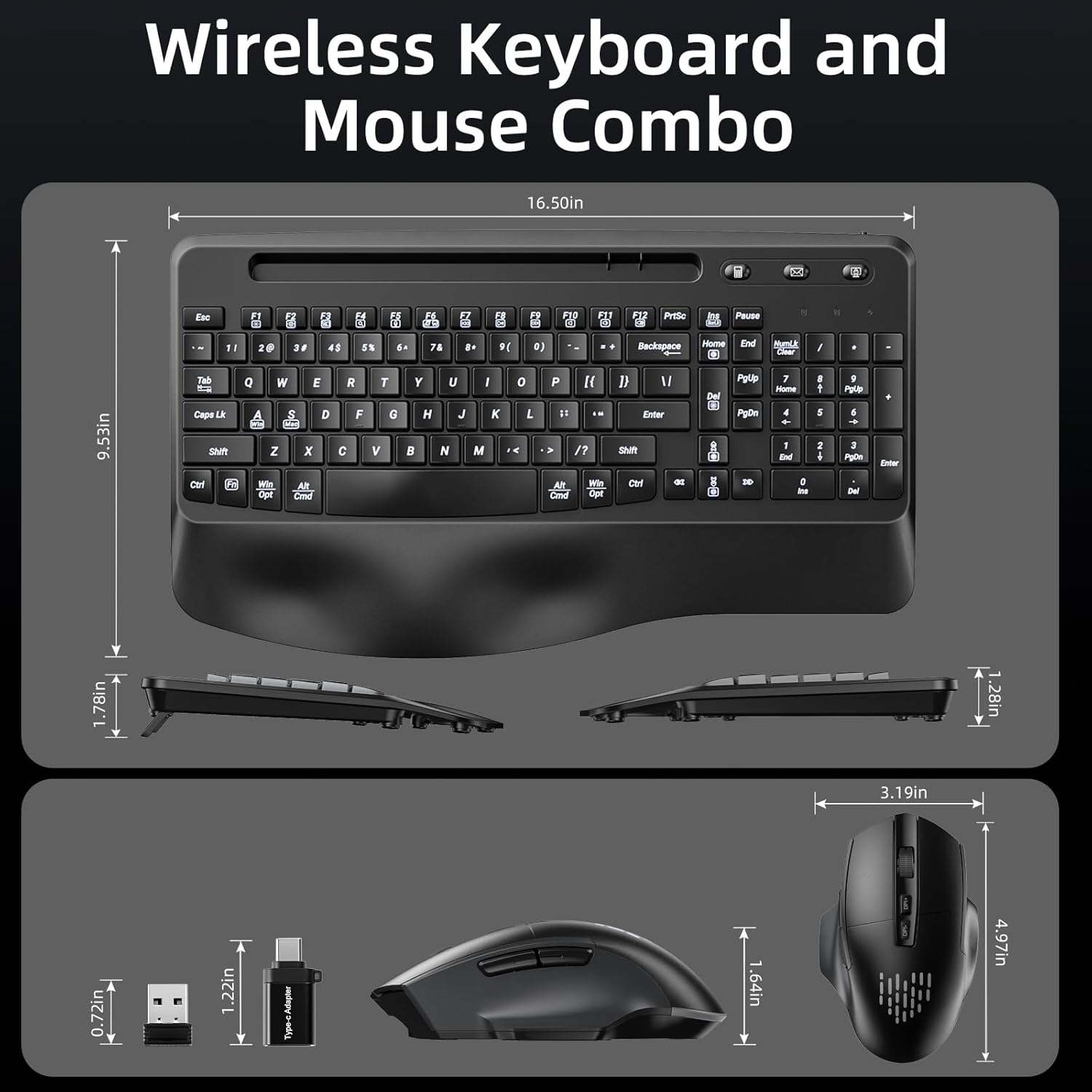 GEAK Wireless Keyboard and Mouse Comb, 2.4G Full Size Ergonomic Wave Keyboards with Wrist Rest, Quiet Backlit Mice, With Phone Holder, for Computer Tablet, Black