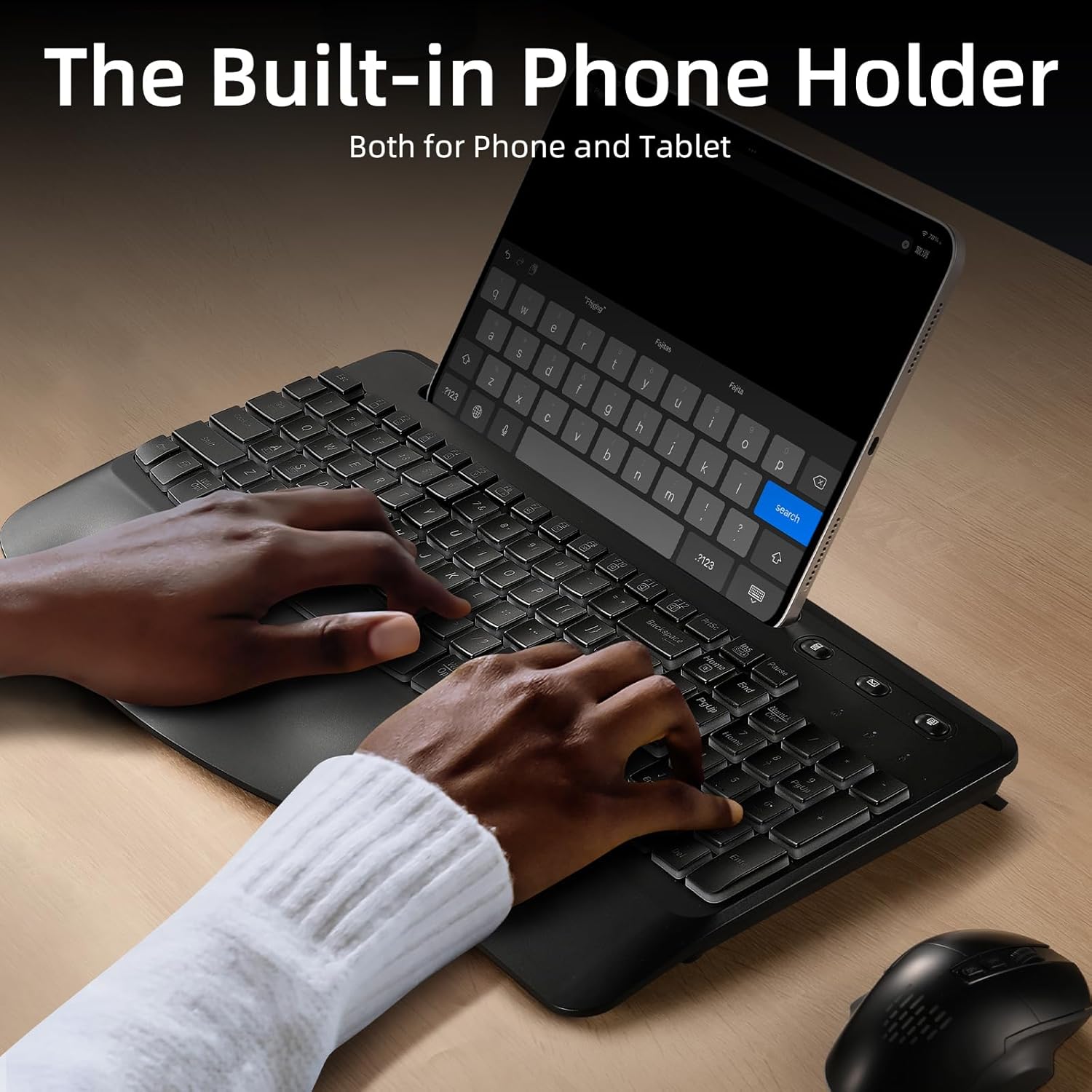 GEAK Wireless Keyboard and Mouse Comb, 2.4G Full Size Ergonomic Wave Keyboards with Wrist Rest, Quiet Backlit Mice, With Phone Holder, for Computer Tablet, Black