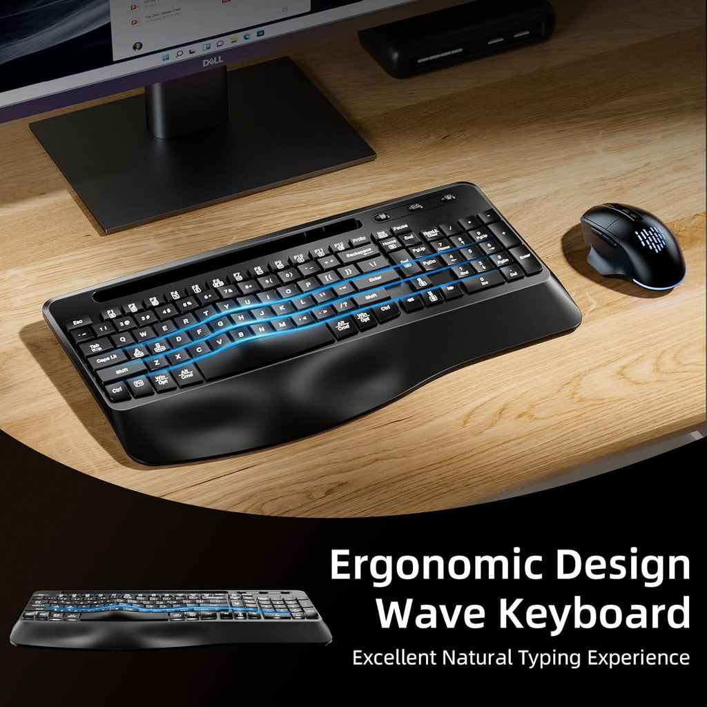 GEAK Wireless Keyboard and Mouse Comb, 2.4G Full Size Ergonomic Wave Keyboards with Wrist Rest, Quiet Backlit Mice, With Phone Holder, for Computer Tablet, Black