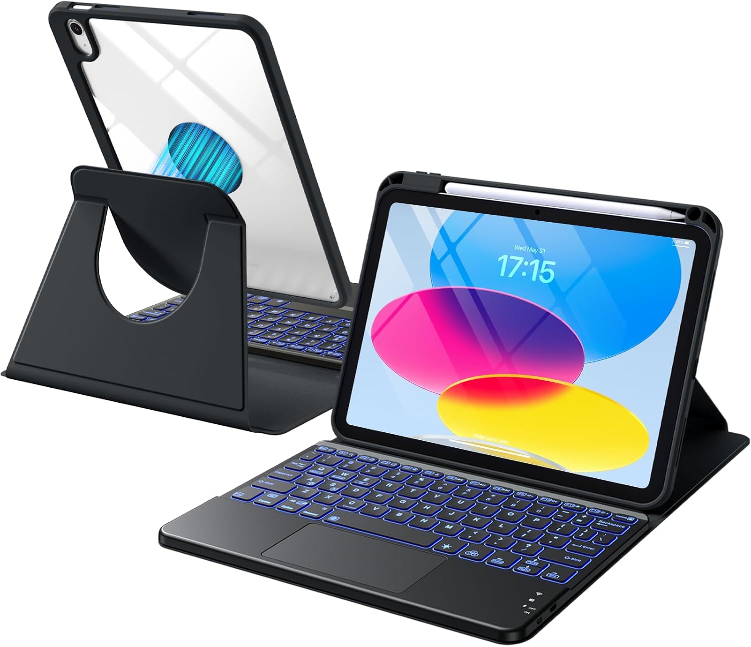 GEAK Compatible With iPad A16 11th 10th Generation Case with Keyboard, 360 Rotation Detachable Case with 7 Colors Backlit Keyboard for iPad A16/10th Gen, with Multi-Touch Trackpad