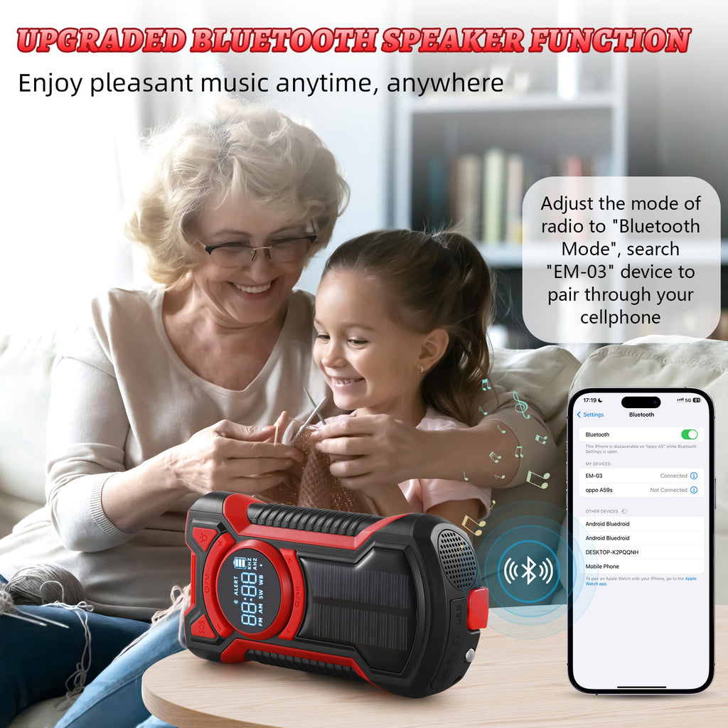 GEAK Solar Hand Crank Emergency Radio Portable AM FM NOAA Weather Radio with Power Bank, SOS Alarm, Bluetooth Speaker, Flashlight for Indoor Outdoor Camping Emergency Supplies