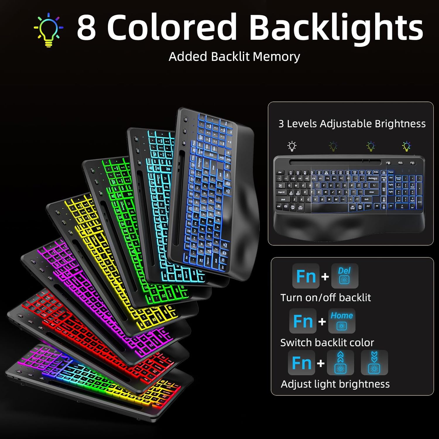 GEAK Wireless Keyboard and Mouse Comb, 2.4G Full Size Ergonomic Wave Keyboards with Wrist Rest, Quiet Backlit Mice, With Phone Holder, for Computer Tablet, Black