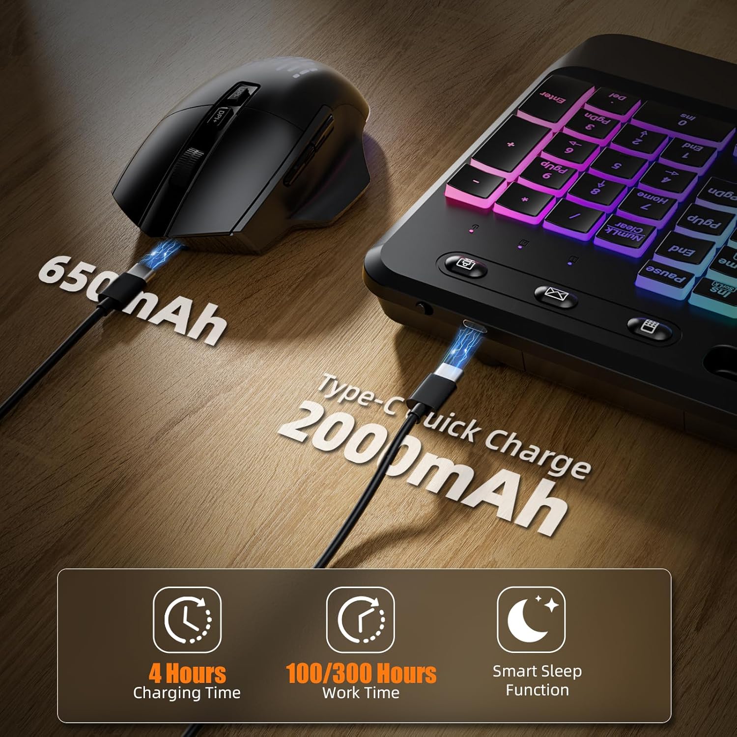 GEAK Wireless Keyboard and Mouse Comb, 2.4G Full Size Ergonomic Wave Keyboards with Wrist Rest, Quiet Backlit Mice, With Phone Holder, for Computer Tablet, Black