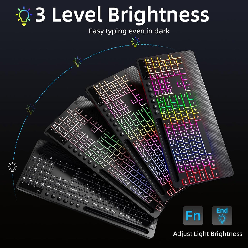 Wireless Keyboard and Mouse Combo Ergonomic Keyboard Wrist Rest Support for Computer Keyboard Full Size Quiet/Silent RGB Backlit Light Up Keyboard with Phone Holder for Windows Mac PC Laptop