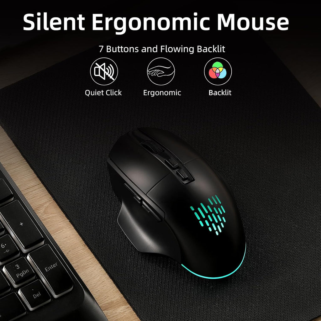 GEAK Wireless Keyboard and Mouse Comb, 2.4G Full Size Ergonomic Wave Keyboards with Wrist Rest, Quiet Backlit Mice, With Phone Holder, for Computer Tablet, Black