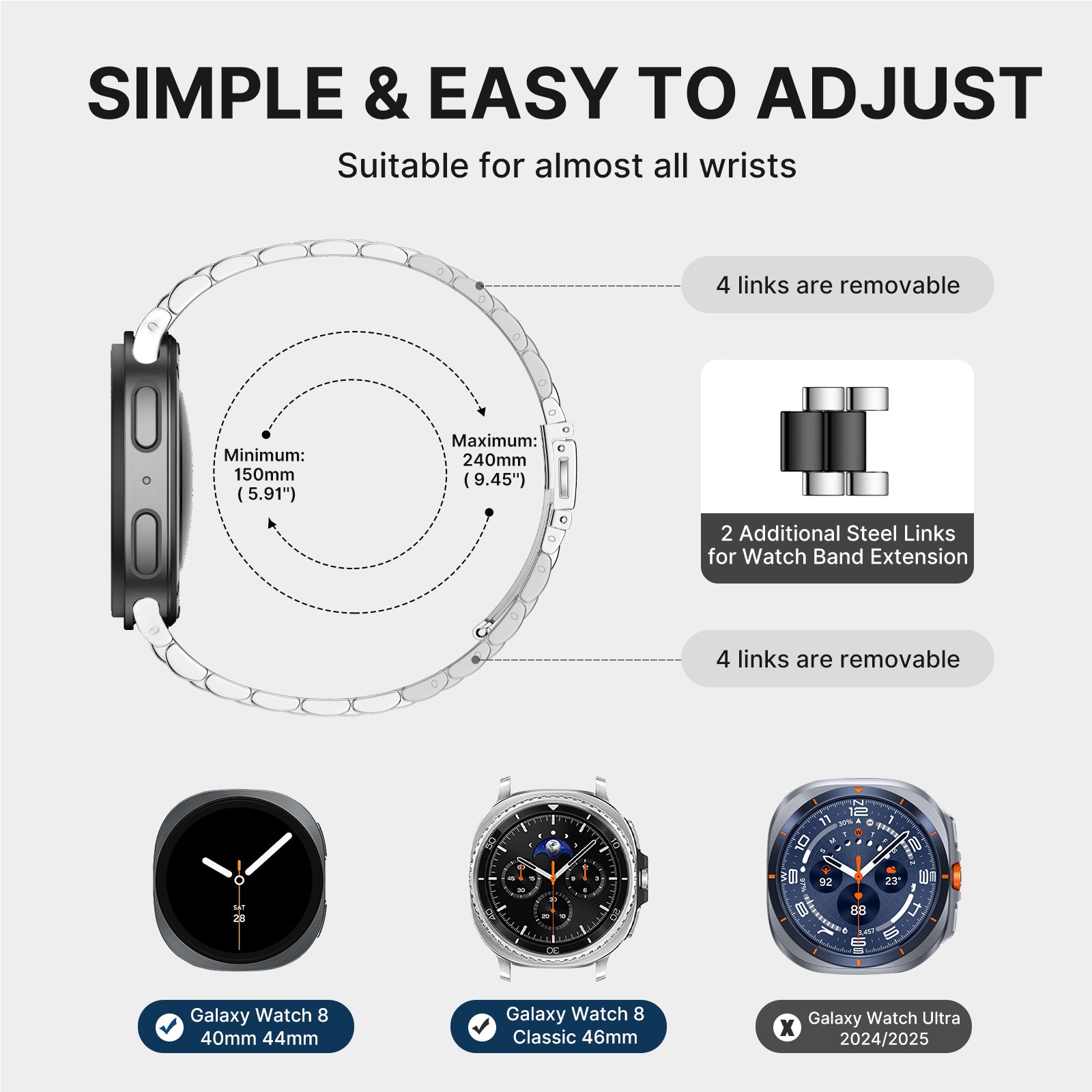 GEAK Stainless Steel Metal Band Compatible with Samsung Galaxy Watch 8 40mm 44mm/8 Classic 46mm 2025